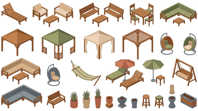 Isometric outdoor furniture set for garden patio and backyard relaxation.