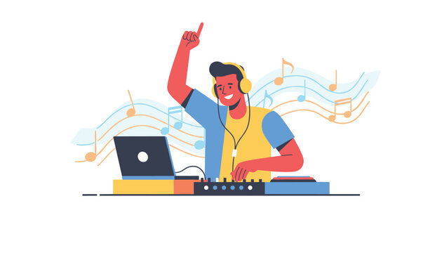 Enthusiastic male disk jockey plays upbeat music using a laptop and mixing console surrounded by flowing colorful musical notes.