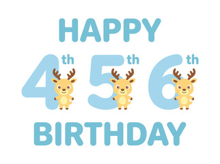 Fototapeta premium Happy 4th 5th 6th birthday greeting card design with cute little deer characters and blue numbers for children celebration
