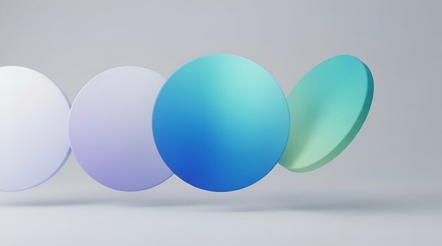 Four circular discs in a row with gradient colors ranging from white to purple, blue, and green floating against a light gray background