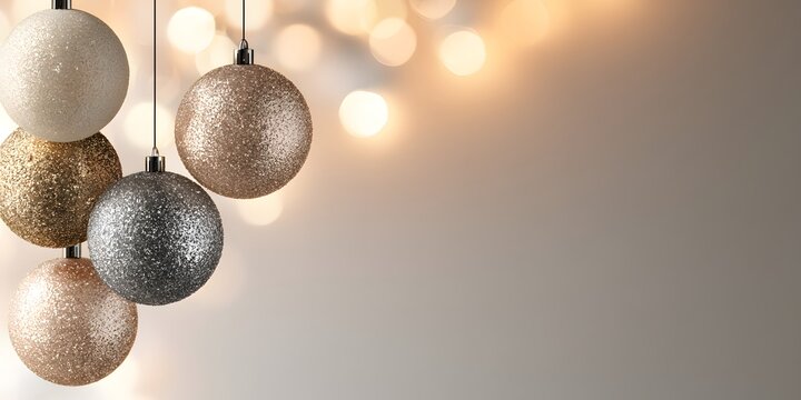 Festive Christmas background featuring sparkling gold, silver, and champagne baubles with warm bokeh lights. Perfect for holiday greetings and copy space.
