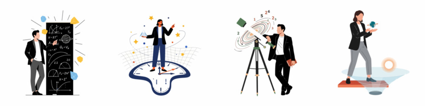 Set of flat vector illustrations depicting scientists exploring concepts of physics, astronomy, time relativity, and the space-time continuum in a modern educational style.
