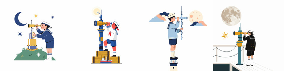 Collection of flat vector illustrations featuring a young boy in a sailor outfit looking through a telescope at the moon and stars.