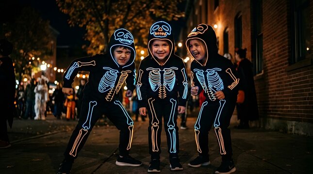 Three happy children wearing glowing skeleton costumes celebrating a fun and spooky happy halloween night out together