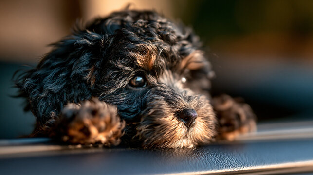 Portrait of a cute dark-haired puppy resting its head on a surface with portrait