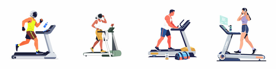 Fototapeta premium Flat vector illustration collection of diverse people exercising on treadmills, including unique characters wearing astronaut helmets for space training concepts.