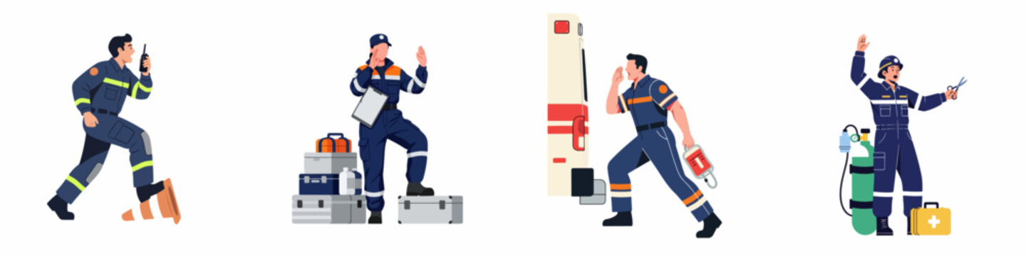 Illustration set of emergency rescue workers and paramedics in action with medical equipment and ambulance, isolated on a white background.