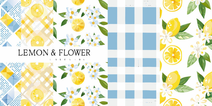 lemon and flower watercolor pattern on white background fruit blossom botanical checkered grid design illustration summer fresh natural floral citrus slice leaf petal