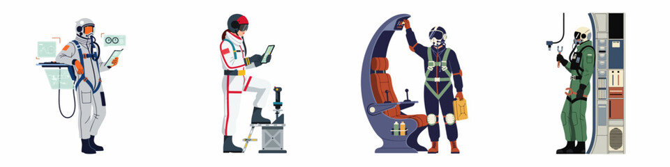 Set of futuristic astronauts and pilots in various suits, featuring space technology, flight equipment, and professional gear for interstellar travel and missions. © Muqodimatul