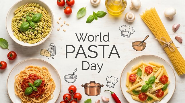 World Pasta Day celebration concept with various cooked dishes and raw ingredients on a white wooden table