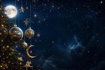 Fototapeta premium Celestial Moon Stars Gold Christmas Ornaments Night Sky Magical Background