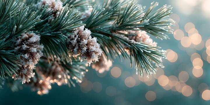 Close-up of frosted evergreen pine tree branches with pine cones covered in winter frost, highlighted by warm golden bokeh lights in the background. Perfect for Christmas, winter season, and holiday .
