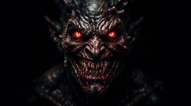 Scary demon face with glowing red eyes for a dark and spooky happy halloween holiday background design