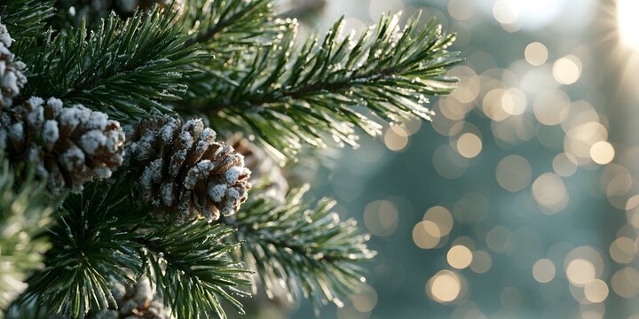Close-up of frosted winter pine tree branches with pinecones and golden glowing bokeh lights in the background. Perfect for Christmas, winter holidays, and festive seasonal banner designs.