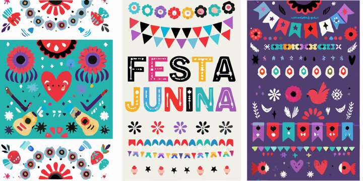 festa junina festival posters vibrant vector illustration colors bunting flags flowers celebration party decorations cultural event latin america june folklore music instruments hearts