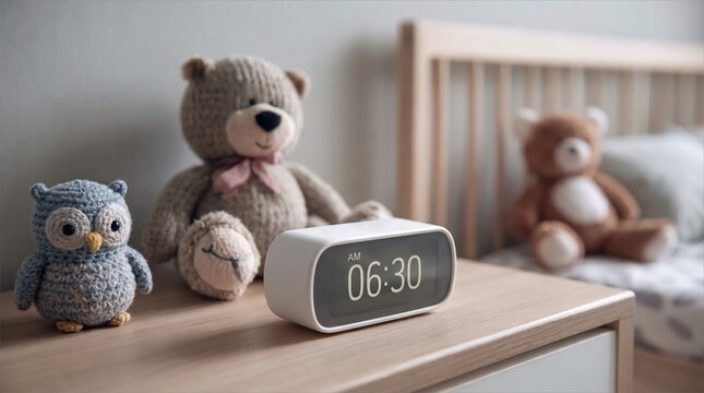 Digital alarm clock beside plush toys in baby nursery