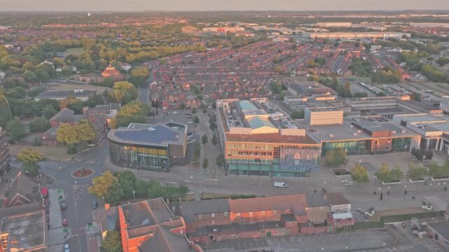 Doncaster Civic and Cultural Quarter in Waterdale, Doncaster, South Yorkshire, England, features the Civic Office and Sir Nigel Gresley Square, aerial drone shot.