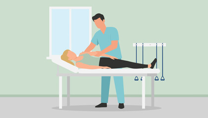 Fototapeta premium Male physical therapist helps a female patient perform gentle arm stretches on a clinical table during rehabilitation.