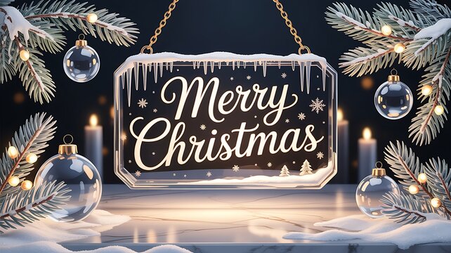 Festive illuminated Merry Christmas sign hanging with ice and snow decorations surrounding evergreen branches and baubles