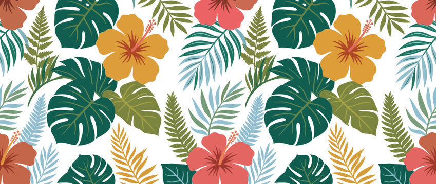 Tropical Floral Pattern with Exotic Leaves and Flowers