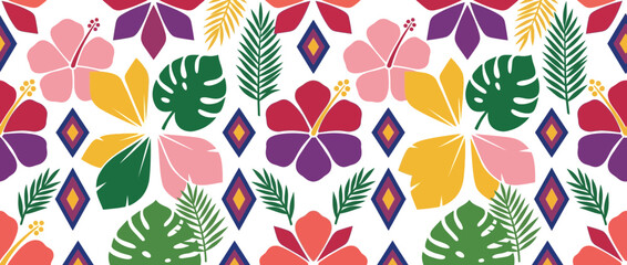 Vibrant Tropical Floral Pattern with Geometric Accents © Ojo