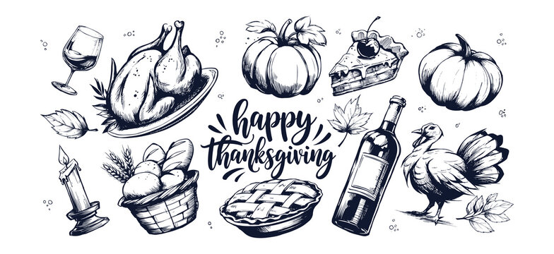 Hand-drawn sketch on the theme of Thanksgiving. Thanksgiving lettering, pumpkin, baked turkey, wine, bread basket, pumpkin, pumpkin pie and autumn leaves.