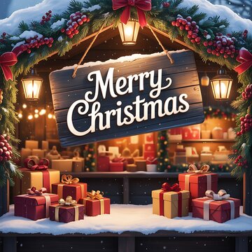 Festive Merry Christmas sign hanging above a snowy display of gift boxes and festive decorations