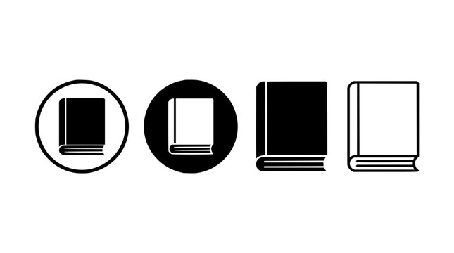 Book icon set with flat design featuring open book, closed book, stack of books, and e-book reader with minimalist style and thin lines