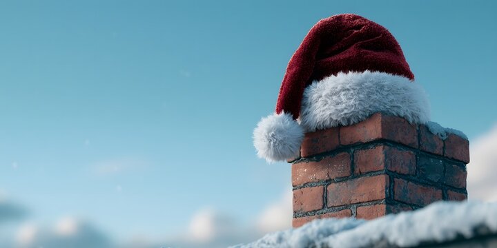 Red Santa Claus hat resting on a snow-covered brick chimney on a house rooftop under a bright blue winter sky. Festive Christmas holiday concept.