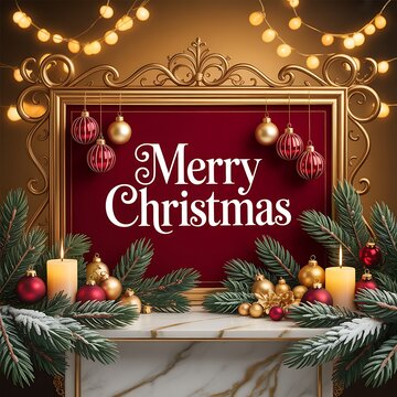 Luxurious Merry Christmas greeting with ornaments candles and pine branches on a mantelpiece