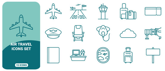 Naklejka premium Set of 15 air travel icons featuring airplane, airport runway, control tower, luggage, pilot hat, oxygen mask, cloud, and boarding pass in teal lines