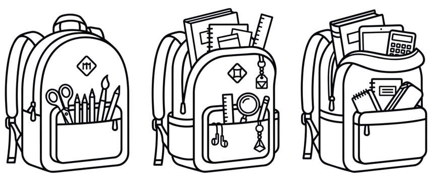 Set of school backpacks with different stationery in doodle style.