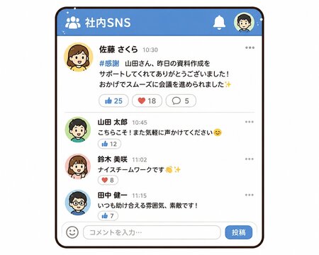 社内SNSで感謝とチームワークを伝え合うビジネスチャット画面のイラスト