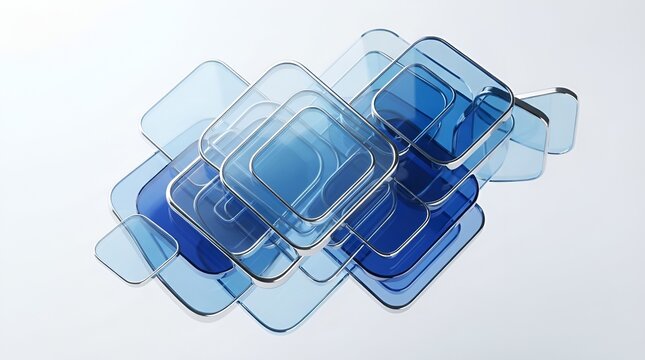 Overlapping translucent blue glass square plates with rounded corners arranged in a cluster on a clean white background, 3d render