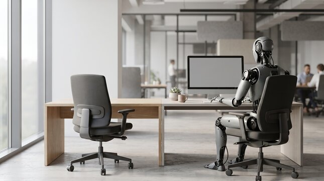 Humanoid robot assistant working at modern office desk. AI automation collaborator using computer for business productivity tasks.