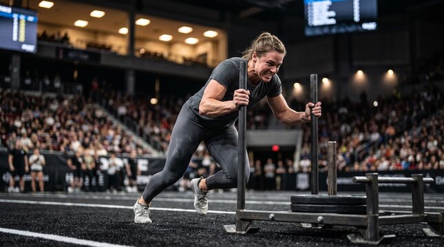 Female Athlete Pushing Weighted Sled at Indoor Competition