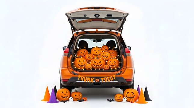 Trunk or treat car decorated with many pumpkins and witch hats for a festive happy halloween celebration
