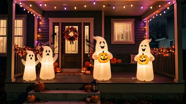 Happy halloween residential house porch decorated with glowing inflatable ghost figures and festive outdoor string lights at night
