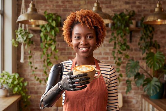 Coffee content creator holds latte art in cafe during morning hours Generative AI