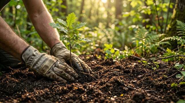 Close up of hands in gloves planting a young oak sapling in fertile forest soil during a reforestation project