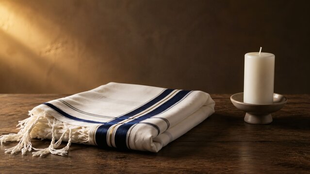 Traditional Jewish prayer shawl and candle on wooden table for Yom Kippur