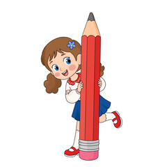 Cute cartoon school girl with a big red pencil vector style illustration isolated on white background