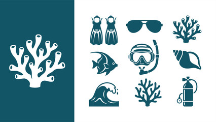 Marine life and diving gear icon set: coral, fish, shell, wave, fins, mask, snorkel, and air tank. Flat vector illustration EPS 10. © Muchib R.