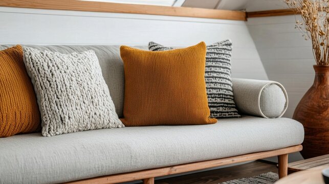 Houseboat couch area with throw pillows and warm rug