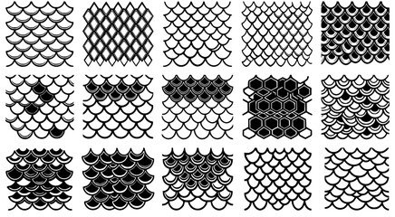 Set of fifteen hand drawn fish scale patterns in black and white vector format for textile design and digital backgrounds in graphic projects © Abirex