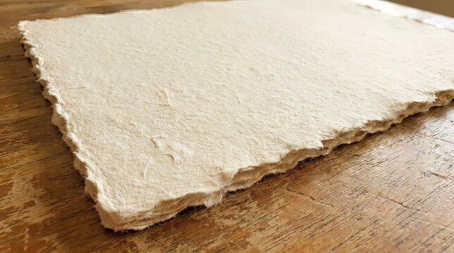 Handmade textured deckle edge paper sheet on wooden table background