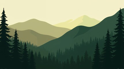 Fototapeta premium Minimalist nature illustration featuring dark green mountain slopes, layered distant peaks, and dense pine forest beneath a softly glowing yellow sky.