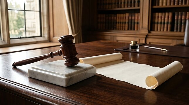 Judge gavel on marble block with blank parchment scroll on wooden desk in traditional law library