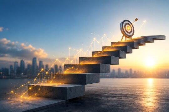 Concrete stairs ascending toward dartboard target with glowing financial chart. Concept of strategic leadership and business planning in wealth management.