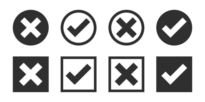 Check Mark and Cross Vector Icon Set with Tick Wrong Circle and Square Checkbox Symbol